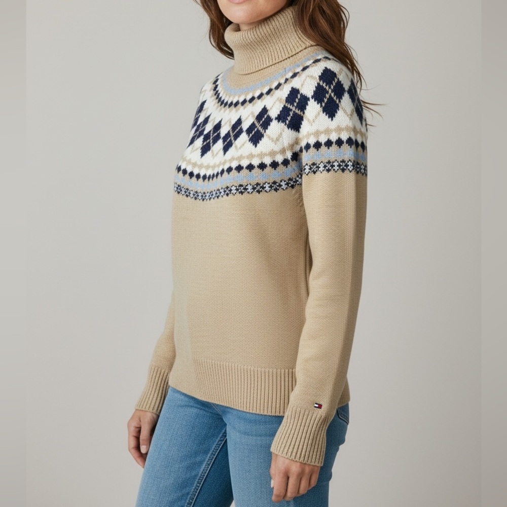 NEW Tommy Hilfiger Argyle Plaid Knit Turtleneck Sweater Light Fawn Tan Medium